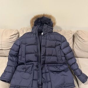Moncler Navy Puffer Jacket with Fur Trim